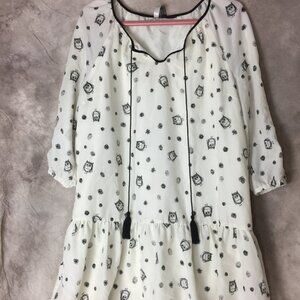 Kensie Owl Print Mini Dress With Tassels Large